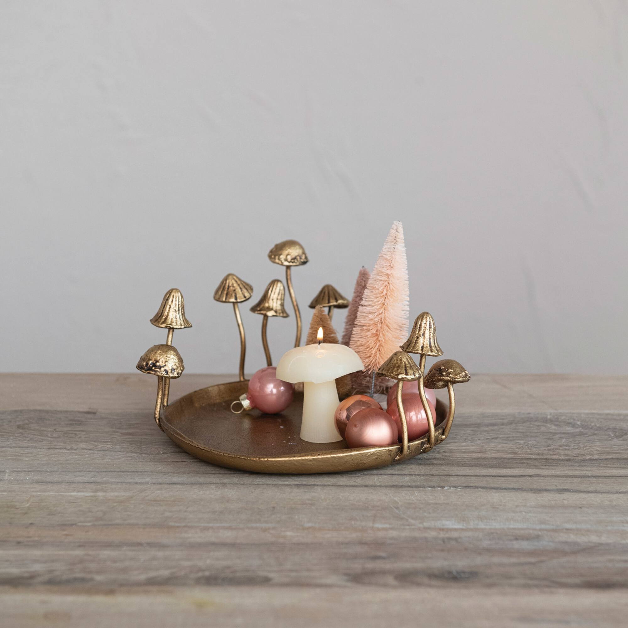 Hello Honey® 8.5" Gold Decorative Cast Metal Tray with Mushrooms